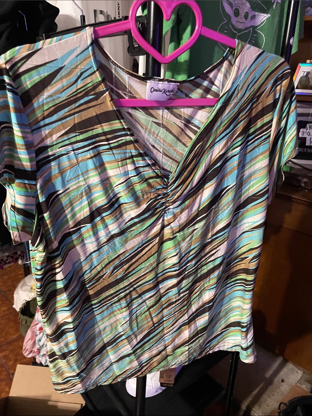 Claudia Richard Striped V-Neck Short Sleeve Top in Aqua, Brown & Black